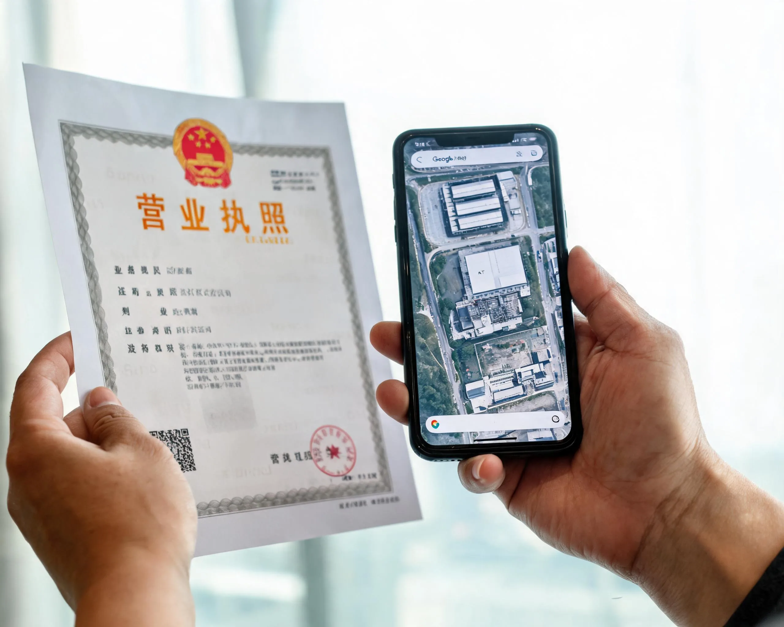Verifying a Chinese outdoor furniture factory business license against Google Maps satellite view