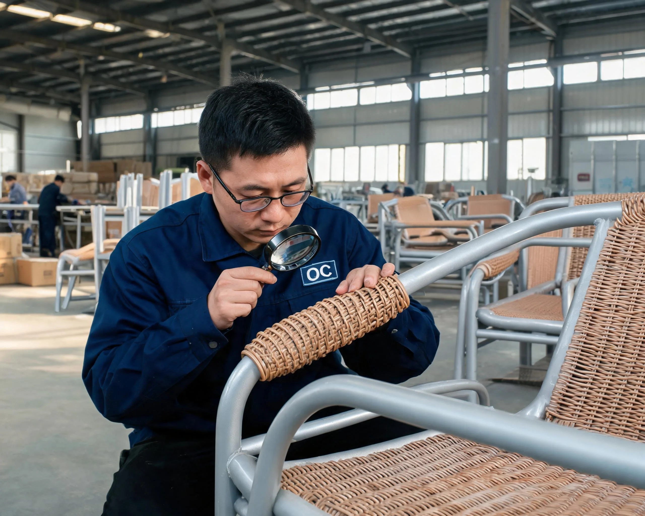 SOLAIREVA Shunde QC inspector auditing PE rattan weave quality on aluminum outdoor furniture frame