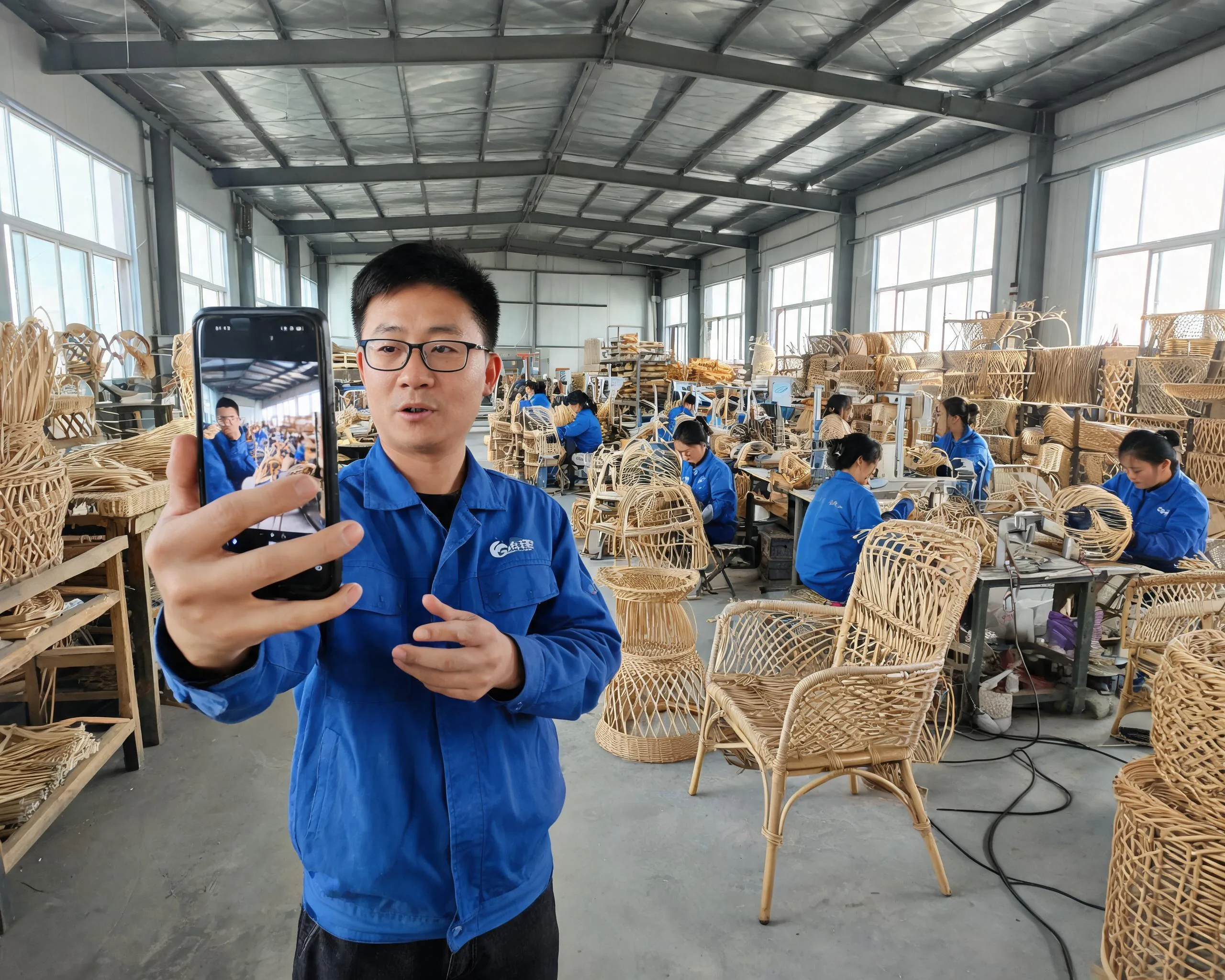 Live video factory audit — Chinese outdoor furniture buyer inspects production line before wiring deposit