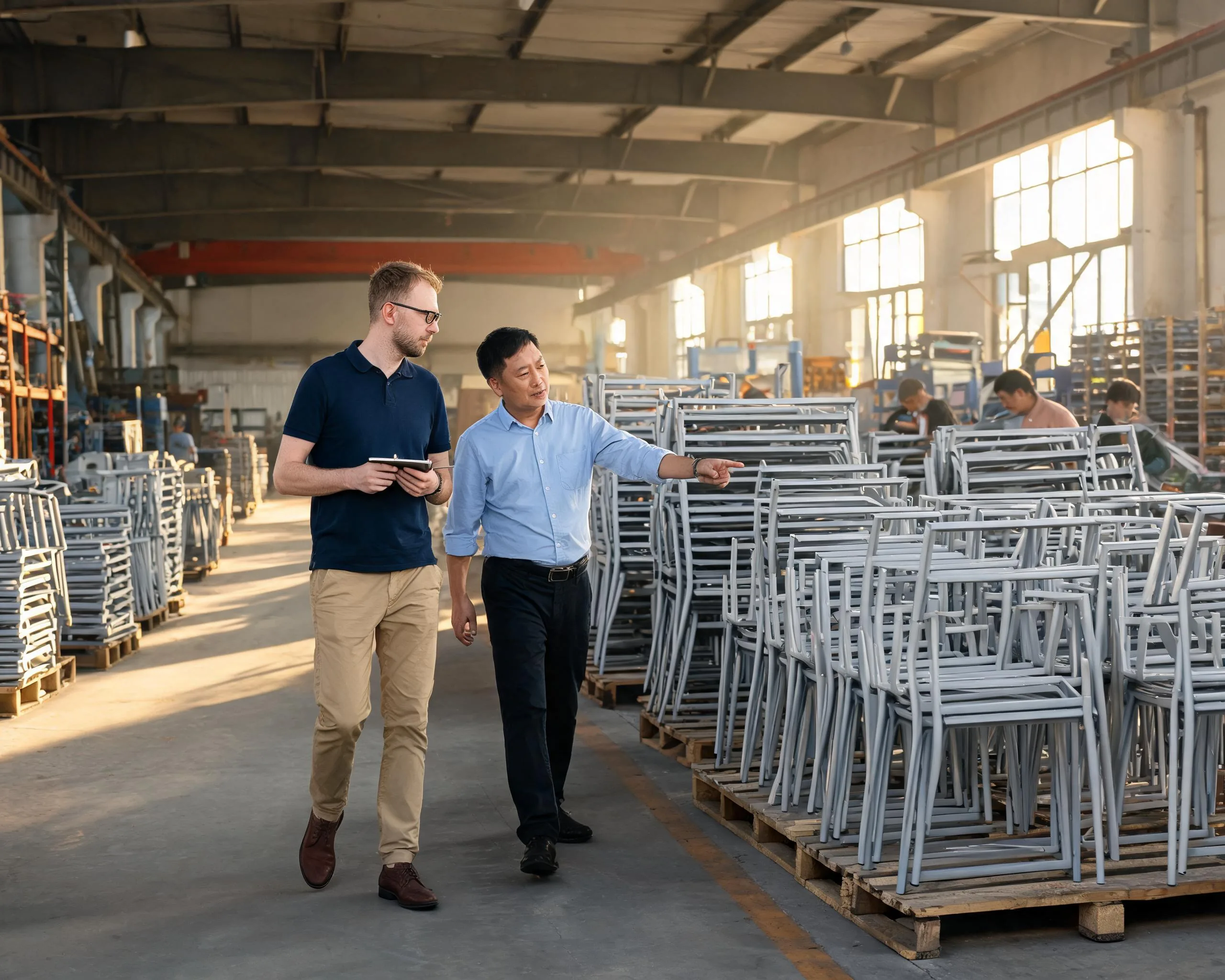 Foreign buyer conducting on-site factory audit at a Guangdong Chinese outdoor furniture manufacturer