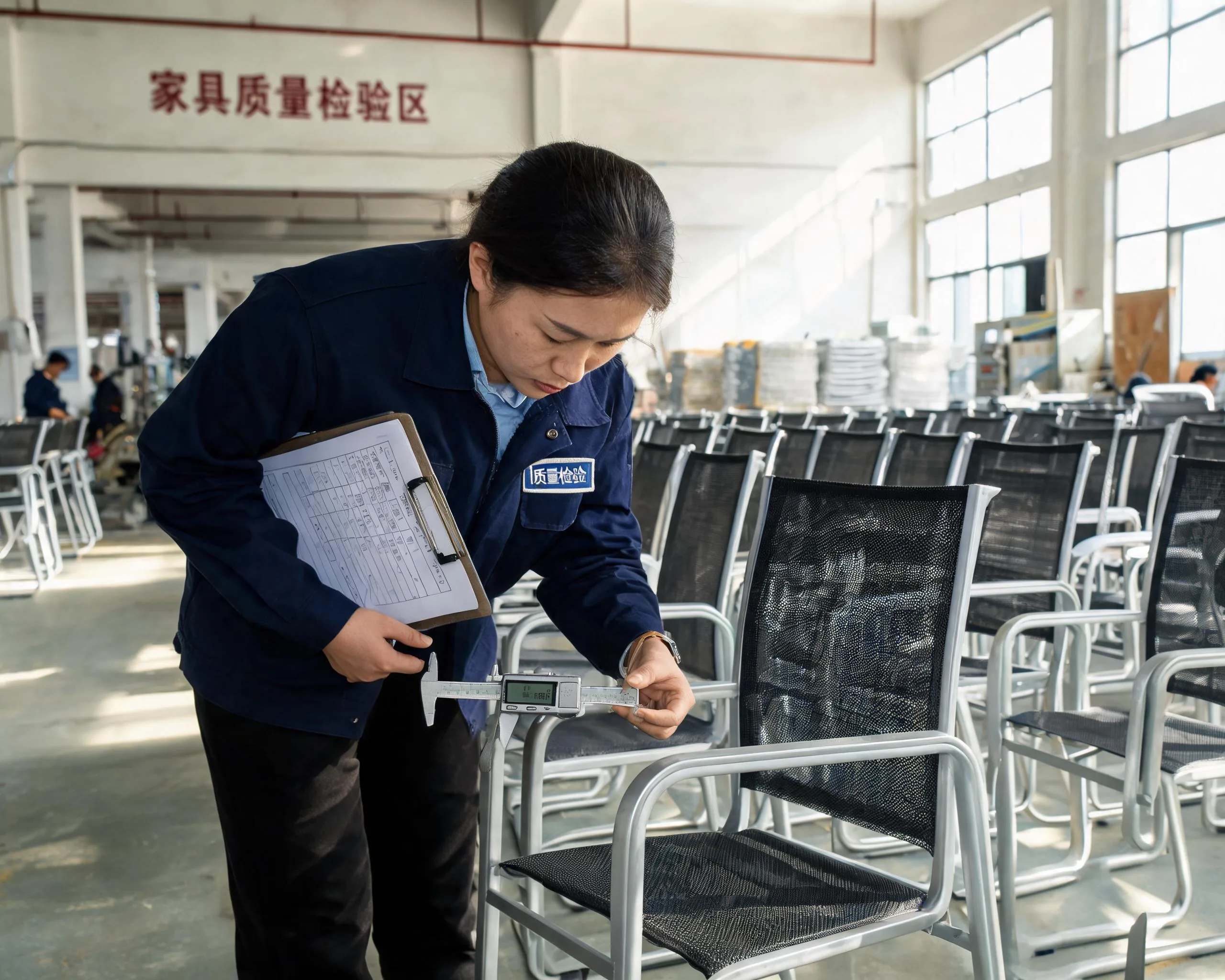 Third-party inspector auditing aluminum outdoor furniture frame at a Chinese factory before shipment