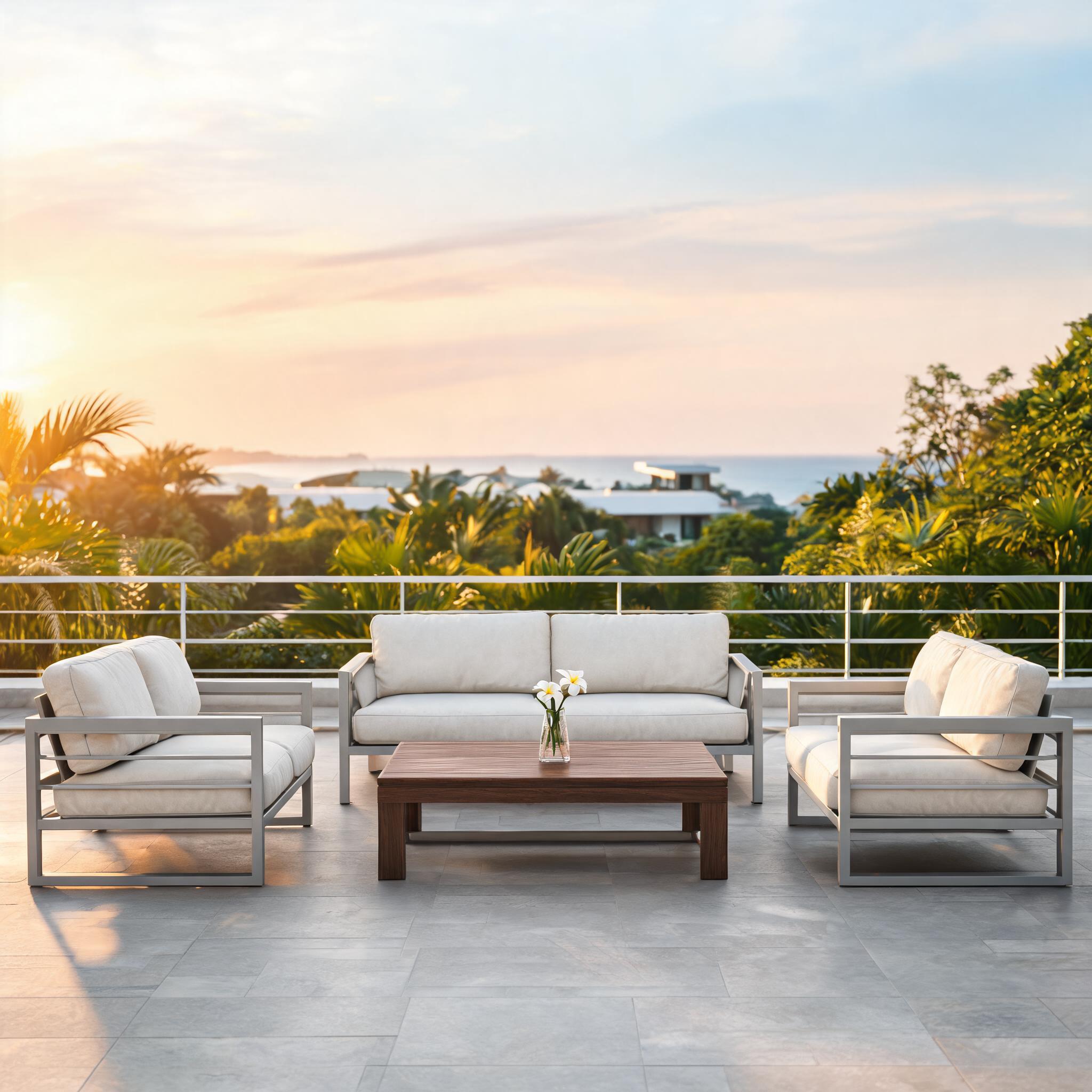 Commercial outdoor sofa sets for hotel and resort patios - modular sectional aluminum frame with cushions