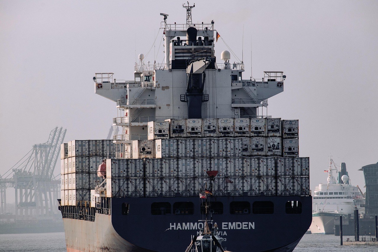 Container ship at sea carrying export cargo from a Chinese port