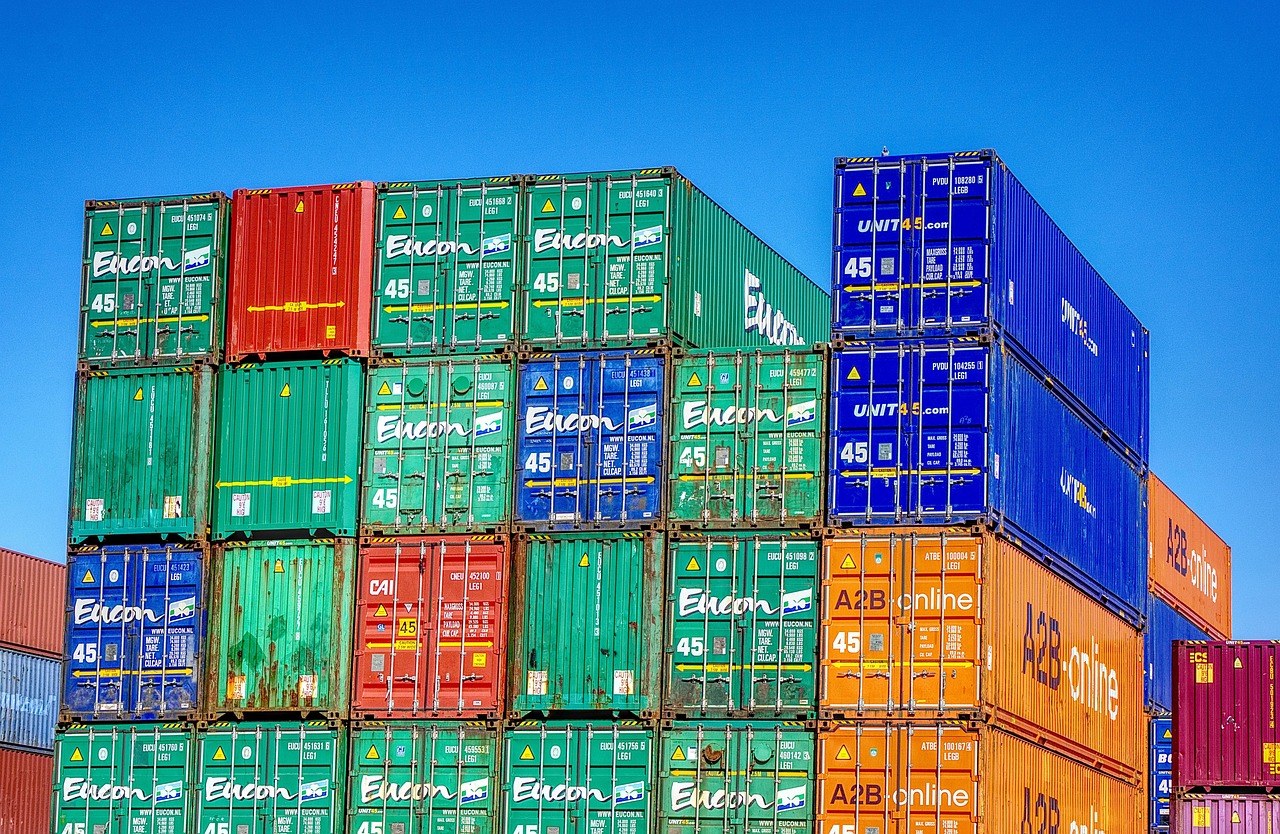 Stacked shipping containers at a port terminal