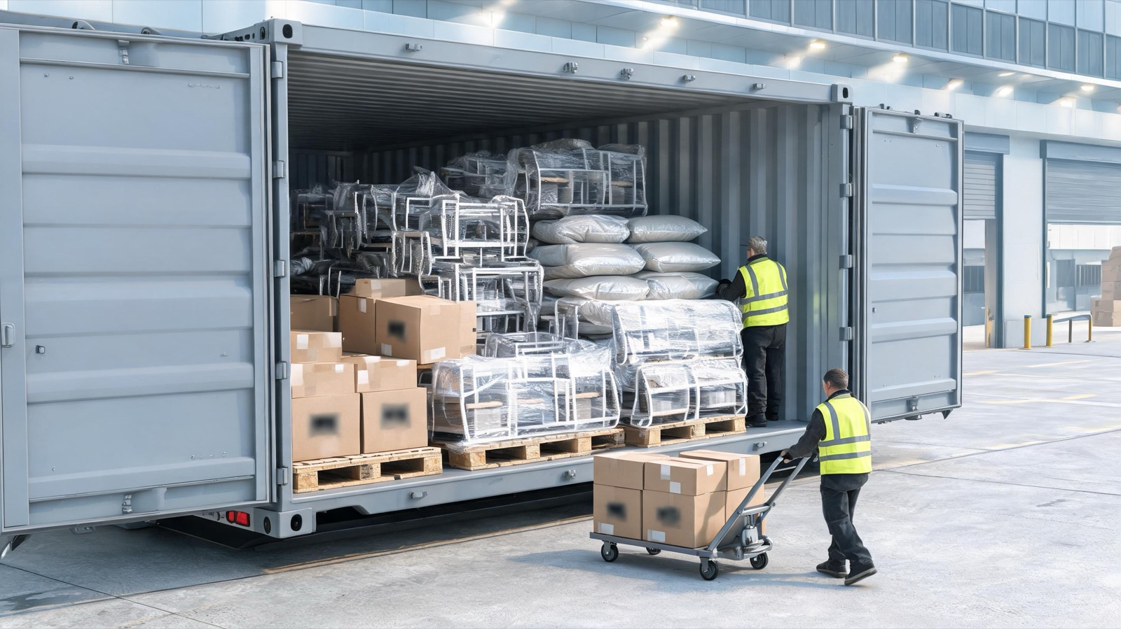 Operarios cargando con transpaleta cajas y piezas de mobiliario embaladas en un contenedor marítimo en la nave de fábrica