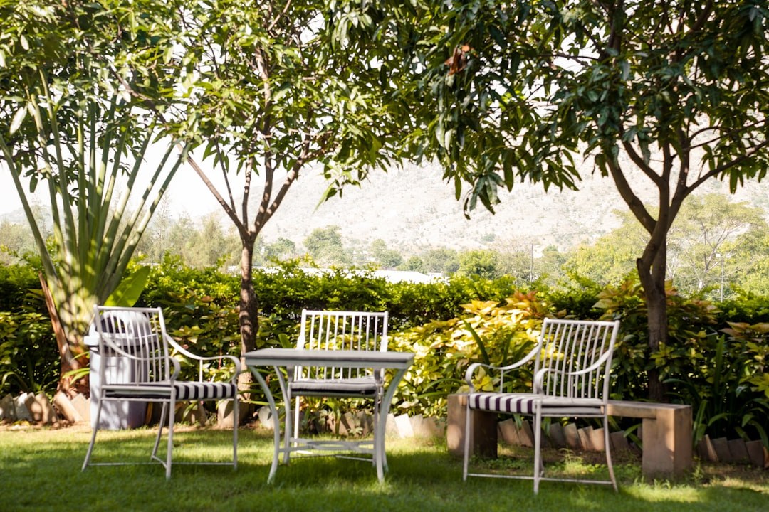 Outdoor furniture set with seating and a table arranged on a terrace