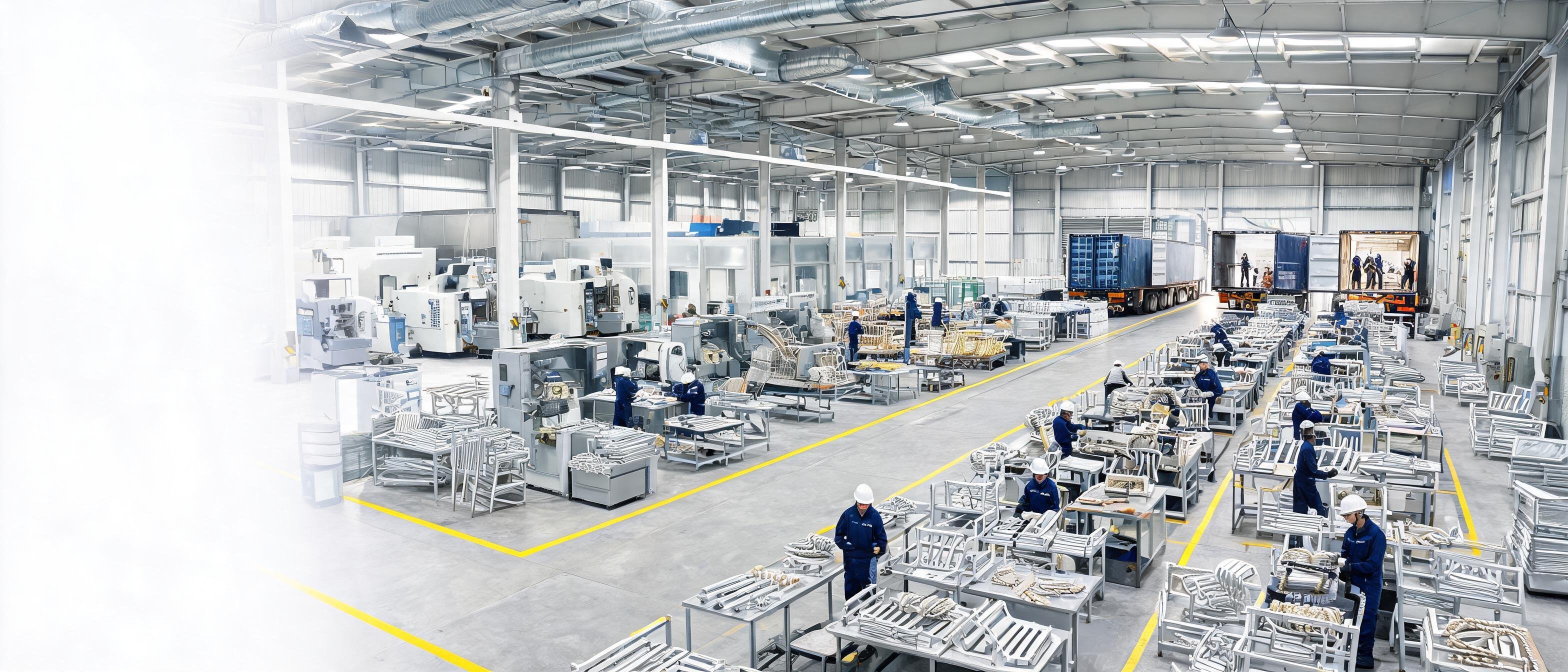Grande halle de production avec machines de découpe, lignes de pièces métalliques et opérateurs en casque, conteneurs visibles au fond