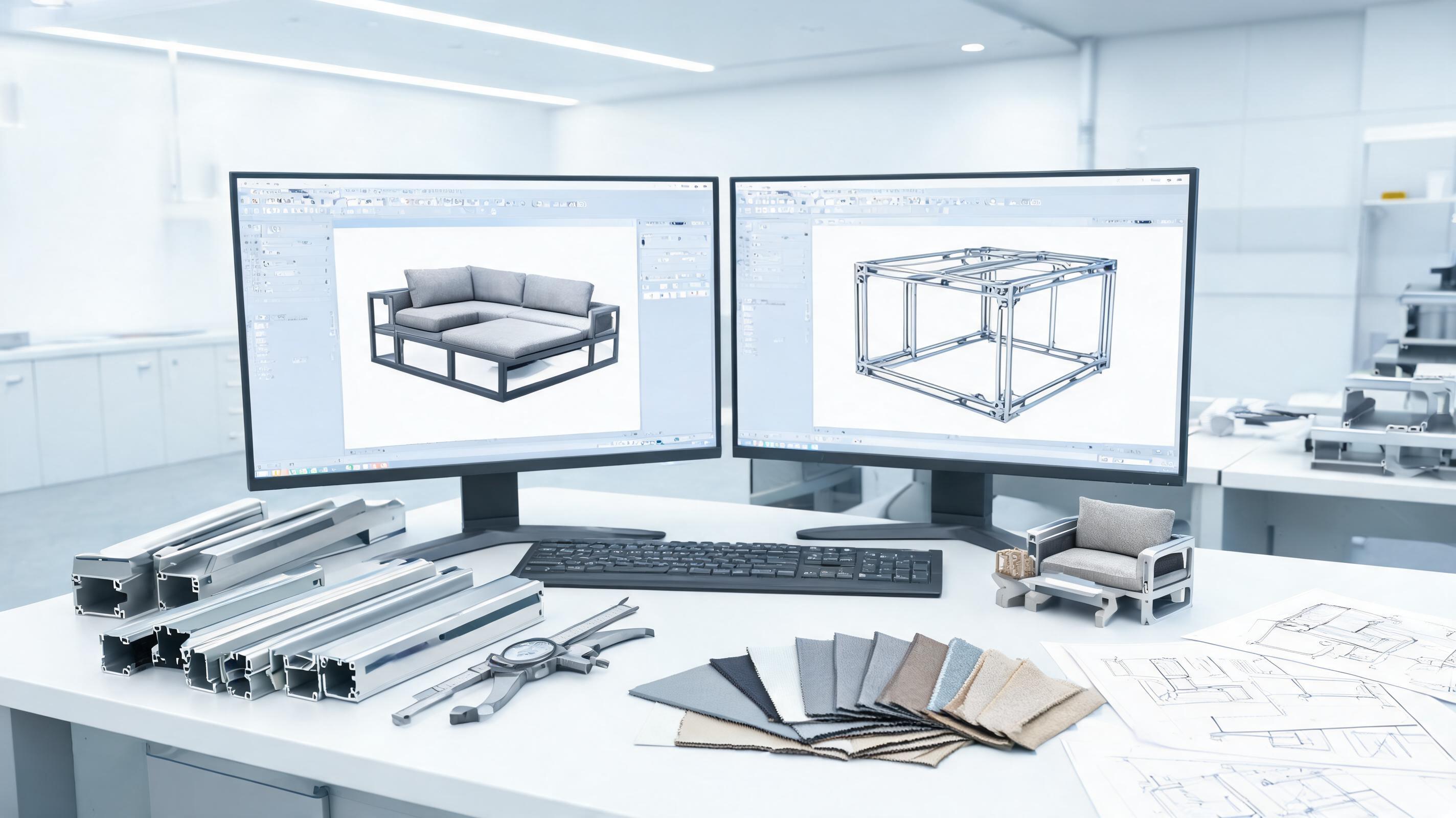 Poste de conception de mobilier avec écran de CAO, profilés aluminium, pied à coulisse et nuancier de tissus pour préparer un dossier technique