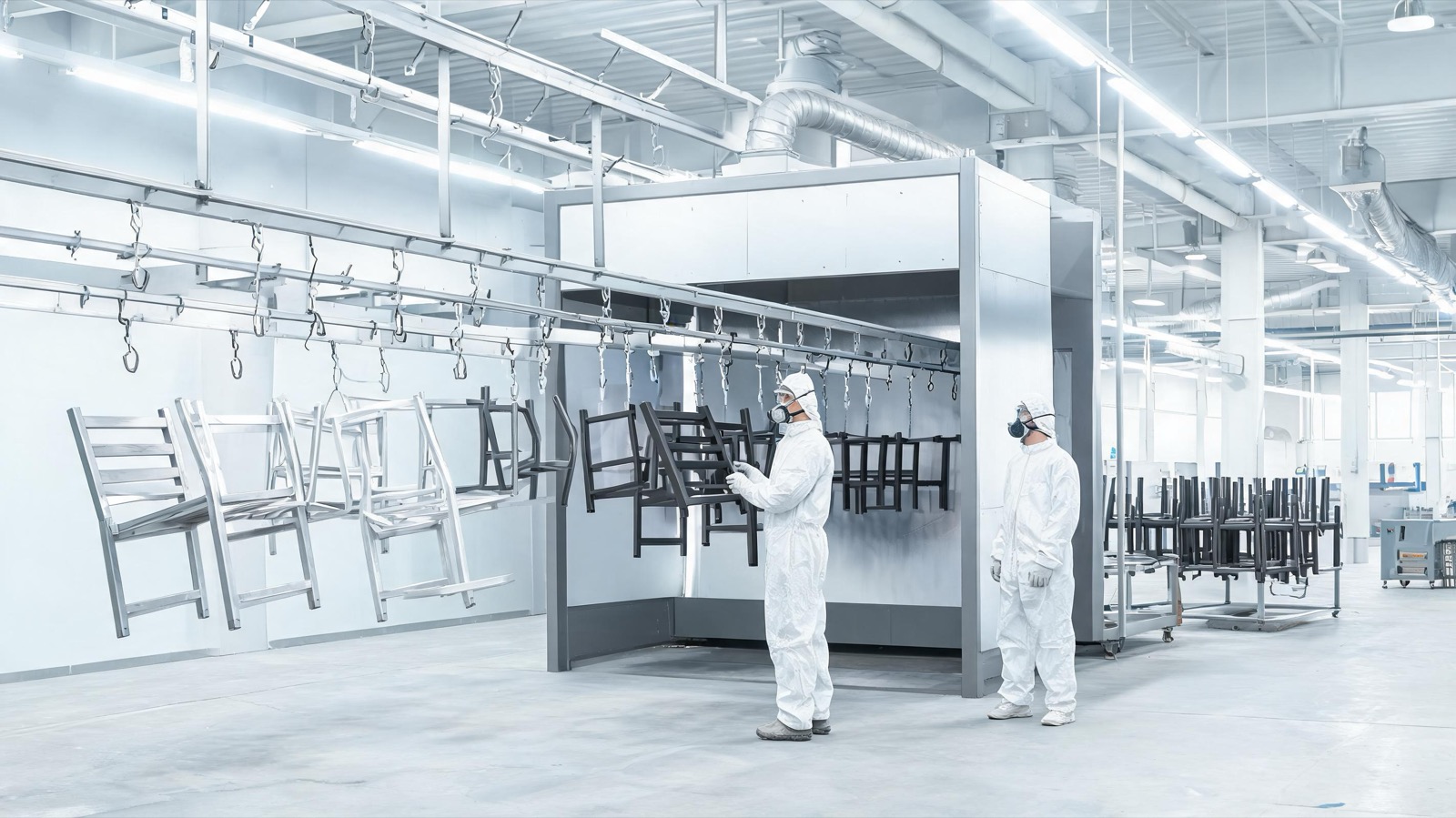 Línea de recubrimiento en polvo con bastidores de aluminio y operarios con protección en una fábrica de mobiliario de exterior