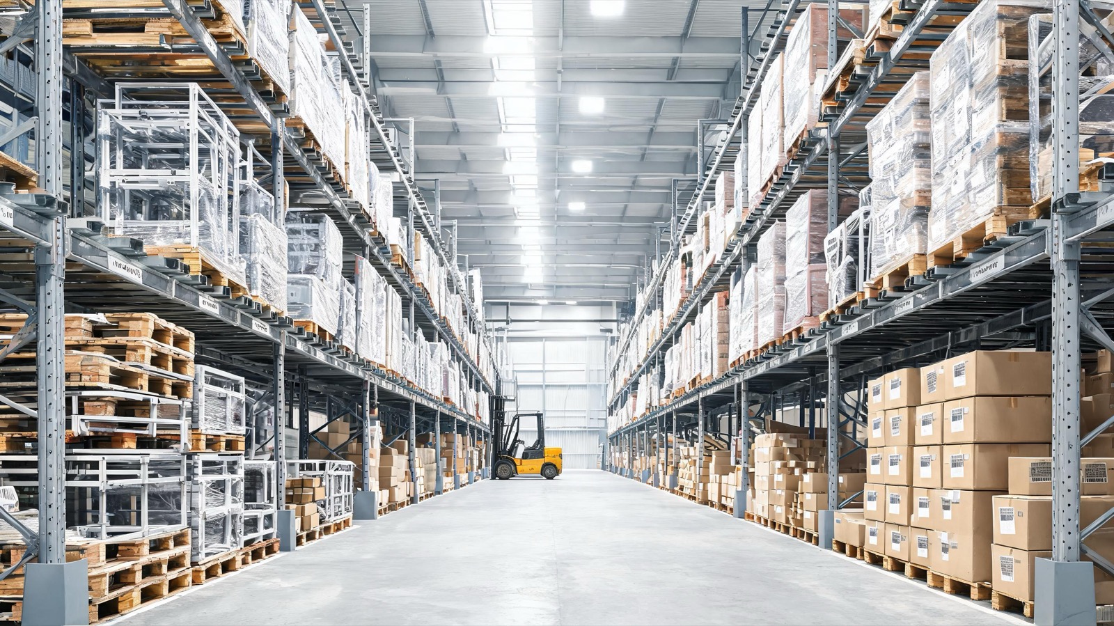 Almacén con palés y cajas de mobiliario de exterior preparados para la exportación desde China