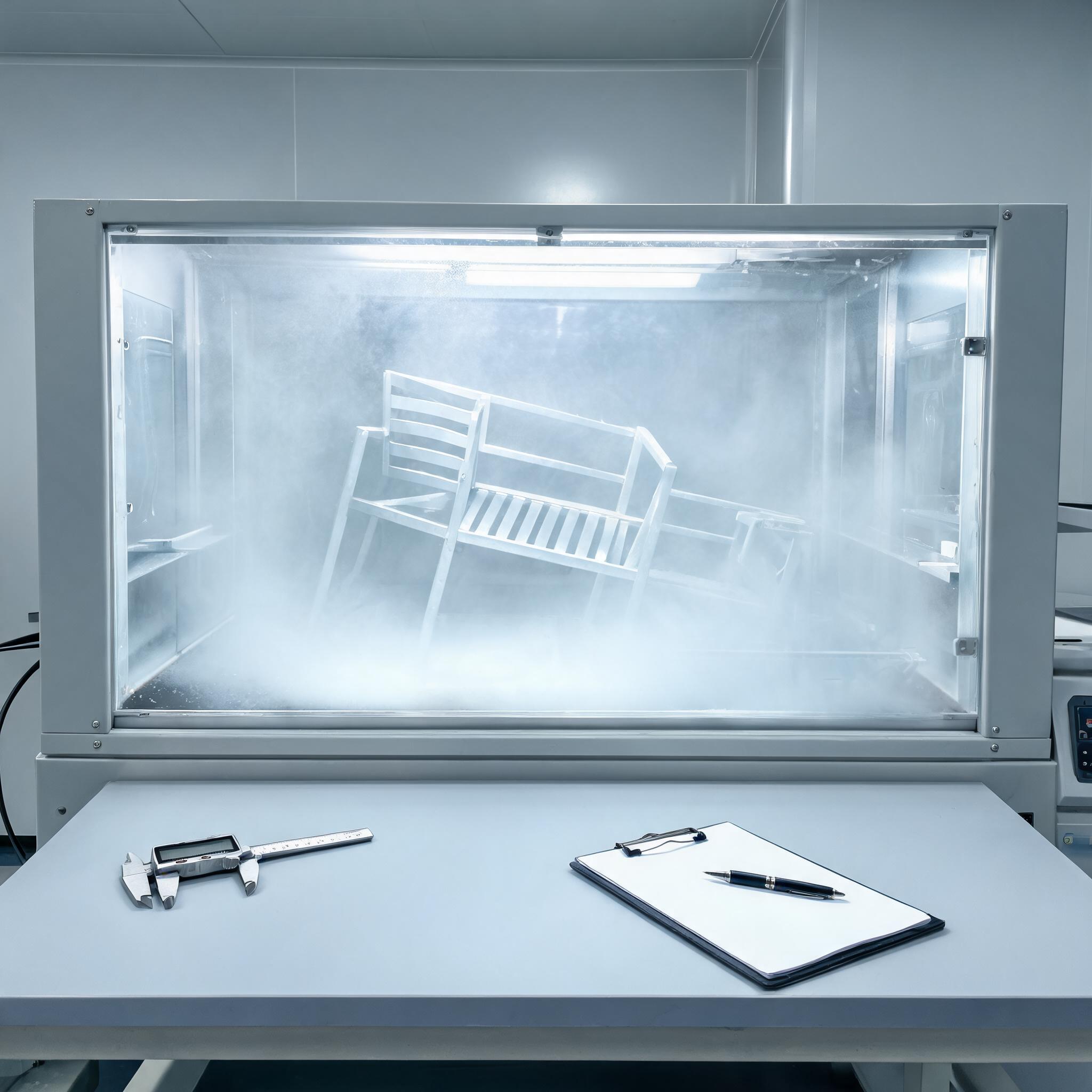 Cámara de niebla salina con una silla de aluminio pintado en polvo en su interior durante el ensayo de corrosión ASTM B117