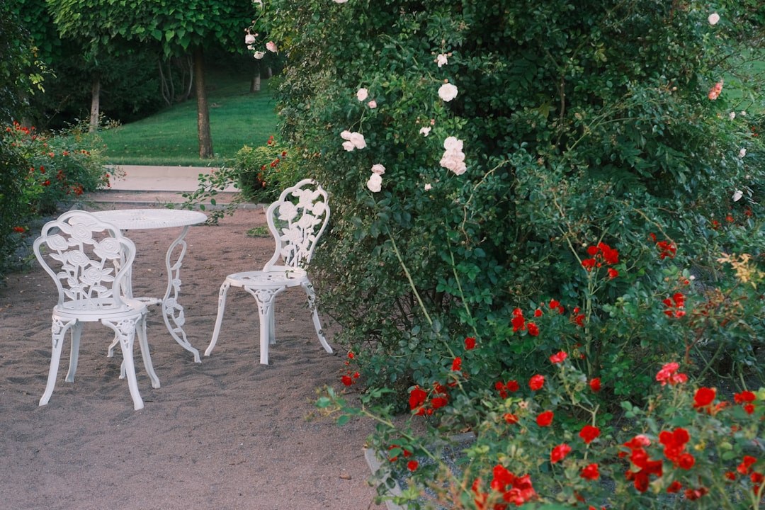 White stainless steel frame chairs and table on a seaside restaurant terrace