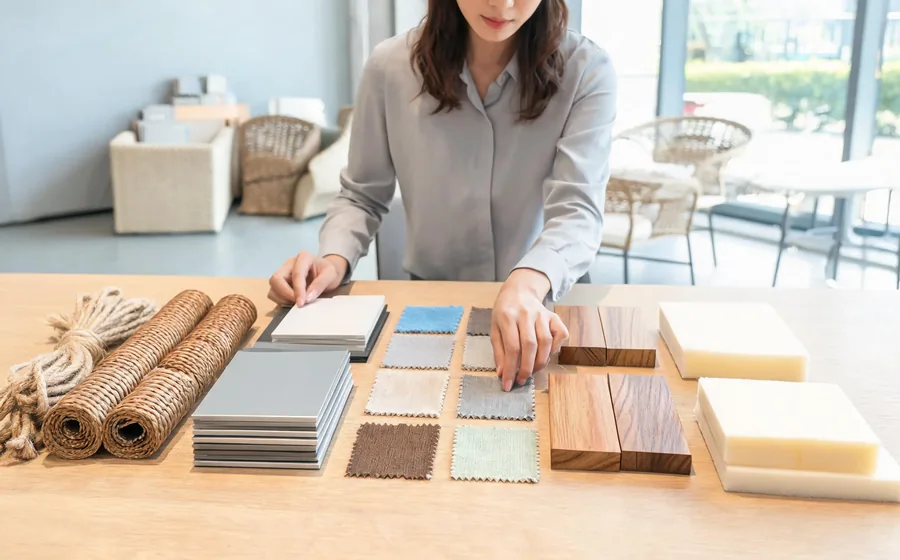 Review of outdoor furniture material samples during project consultation