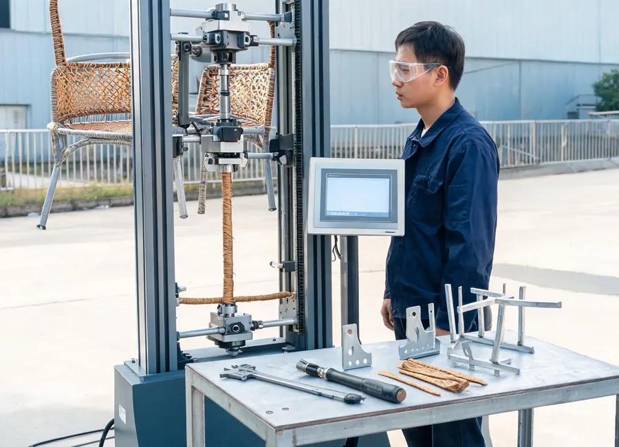 Testing load and tensile strength of frames and PE Rattan samples for commercial outdoor furniture.