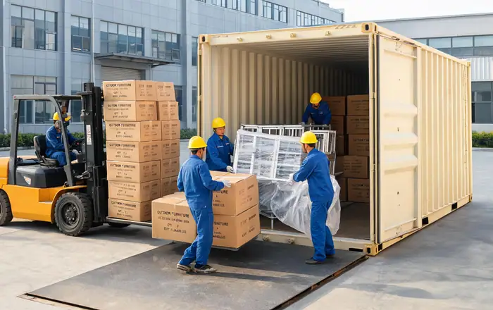 Container loading process for outbound outdoor furniture shipments.