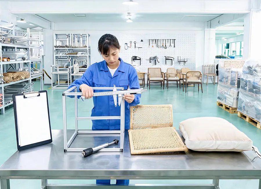 QC inspection station for frames, PE Rattan edges, and cushions of outdoor furniture.