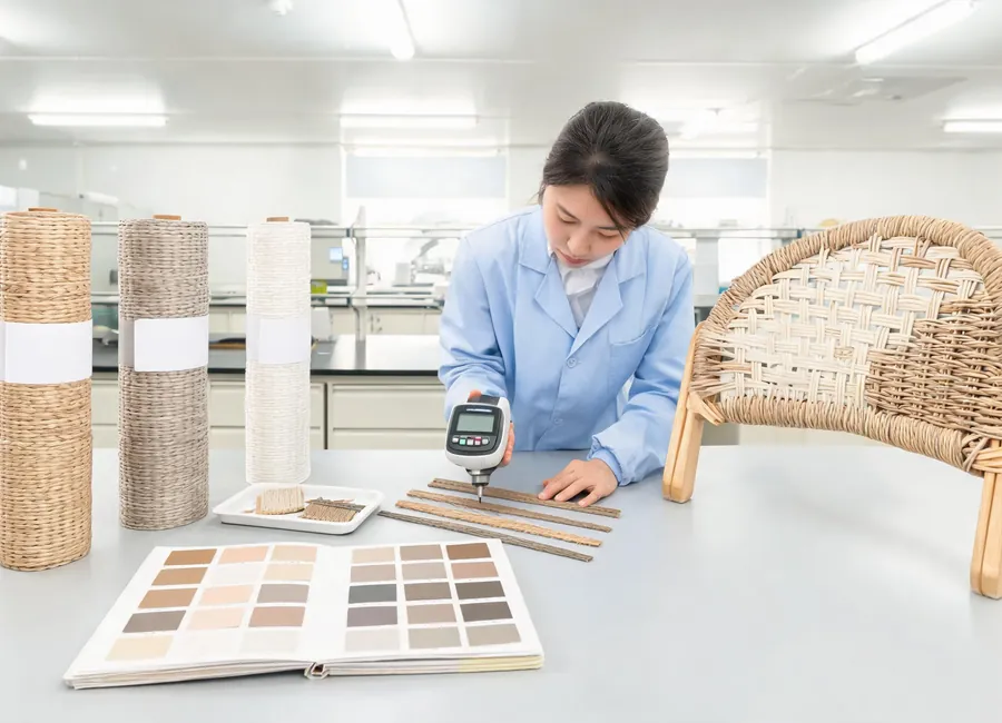 Laboratory-based color batch control for PE rattan materials, including swatches and test samples