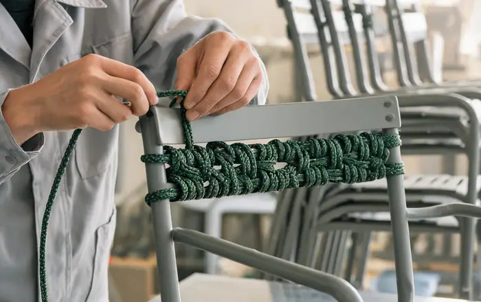 Worker hand-weaving rope outdoor dining chair