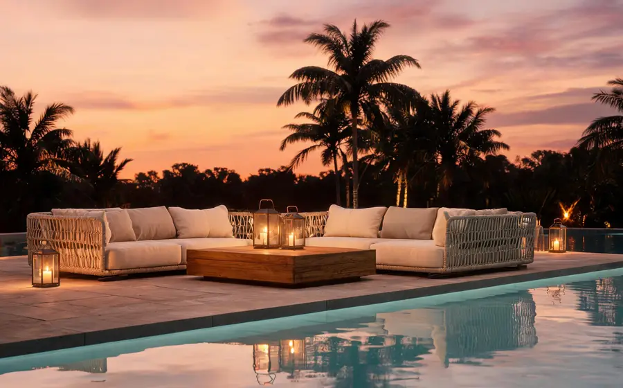 Evening lounge area featuring modular outdoor sofas