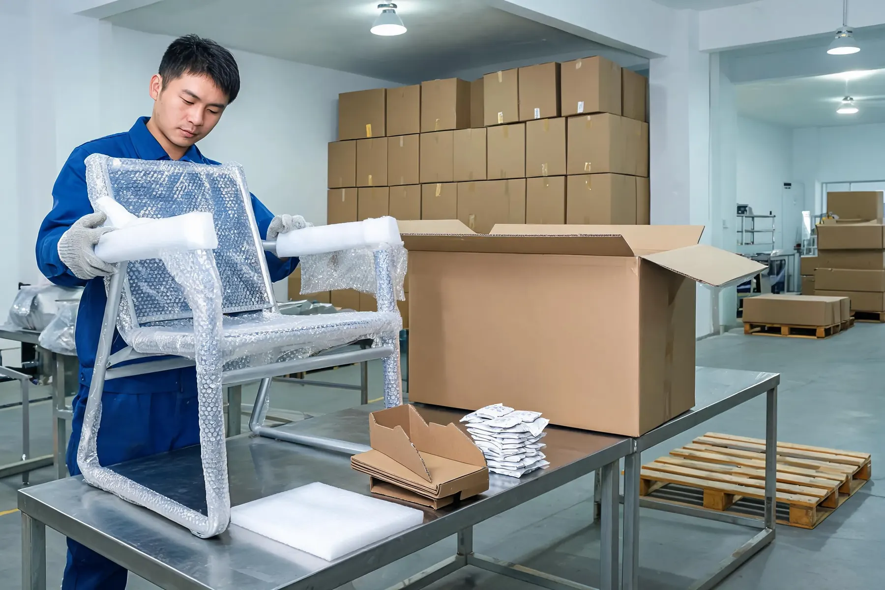 Export packaging standards including foam corner protection and reinforced cartons for outdoor furniture.