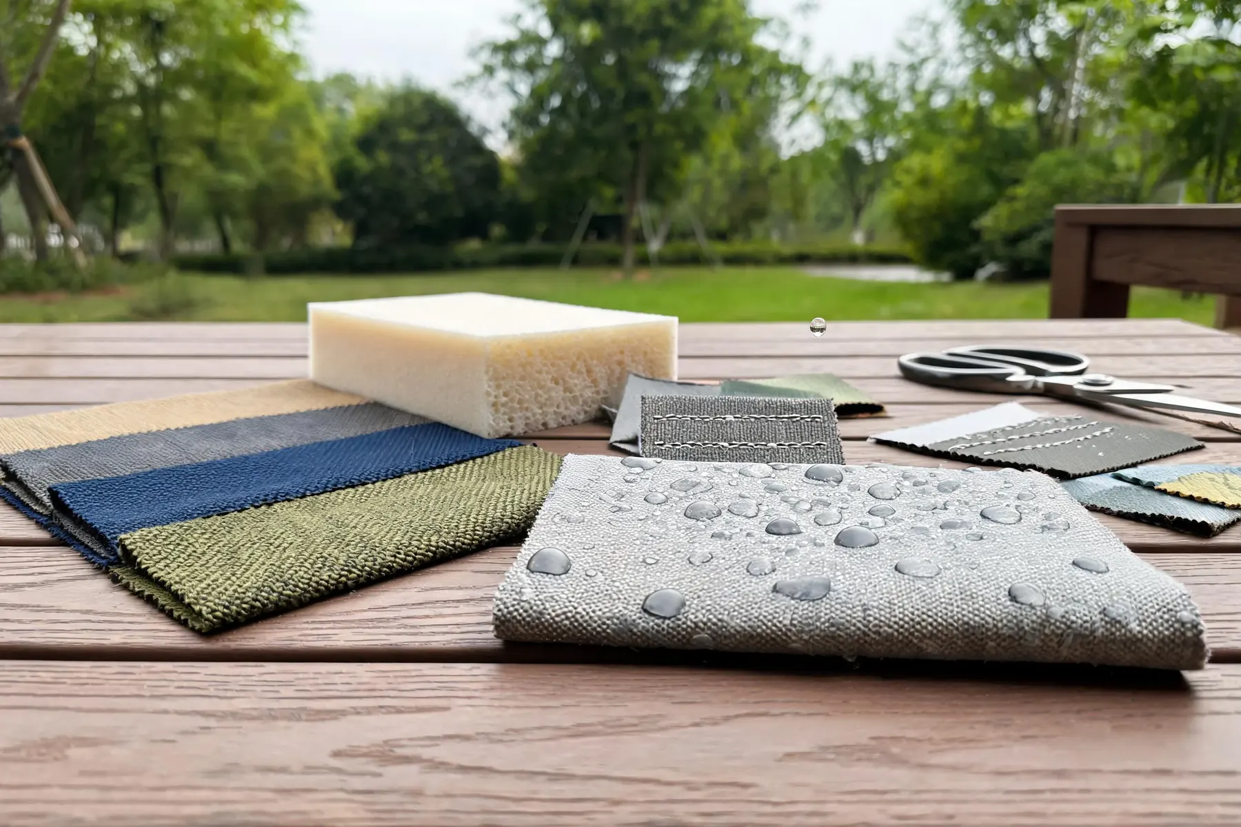 Color matching, waterproof testing, and foam customization for outdoor fabric cushions.