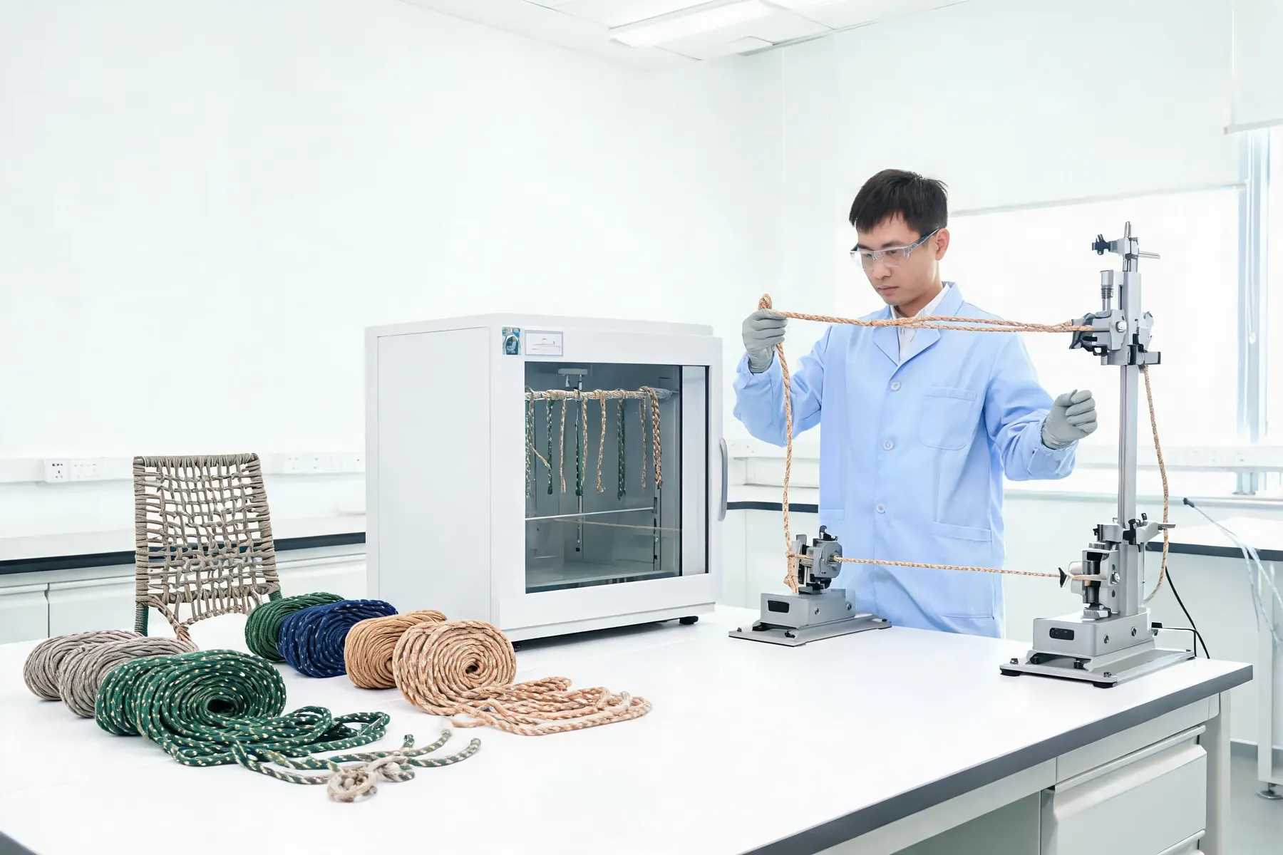 Customization of outdoor ropes: UV stability and weave tension testing.