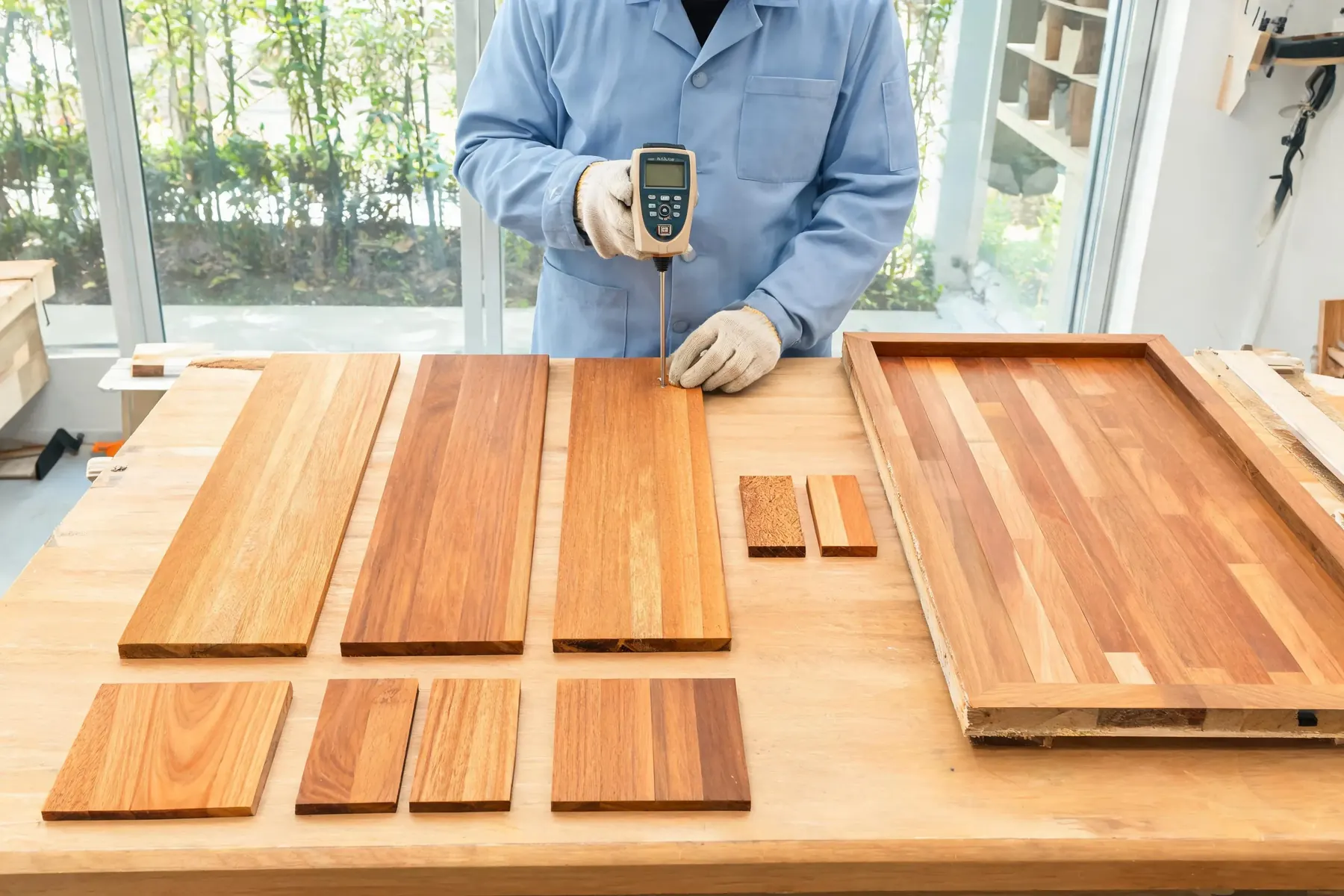 Moisture content grading and finish matching for teak wood used in outdoor furniture OEM projects.