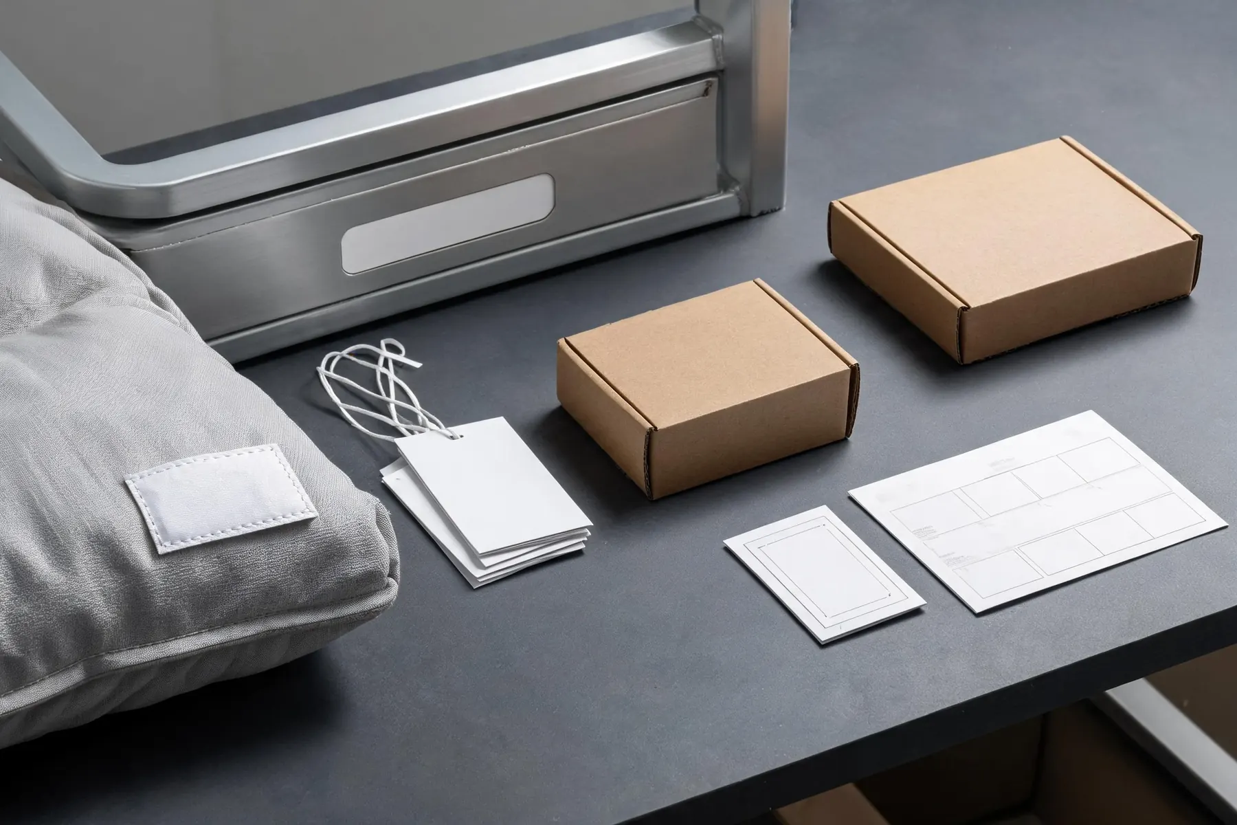 Private label branding kits for outdoor furniture: woven labels, hang tags, packaging, and documentation.