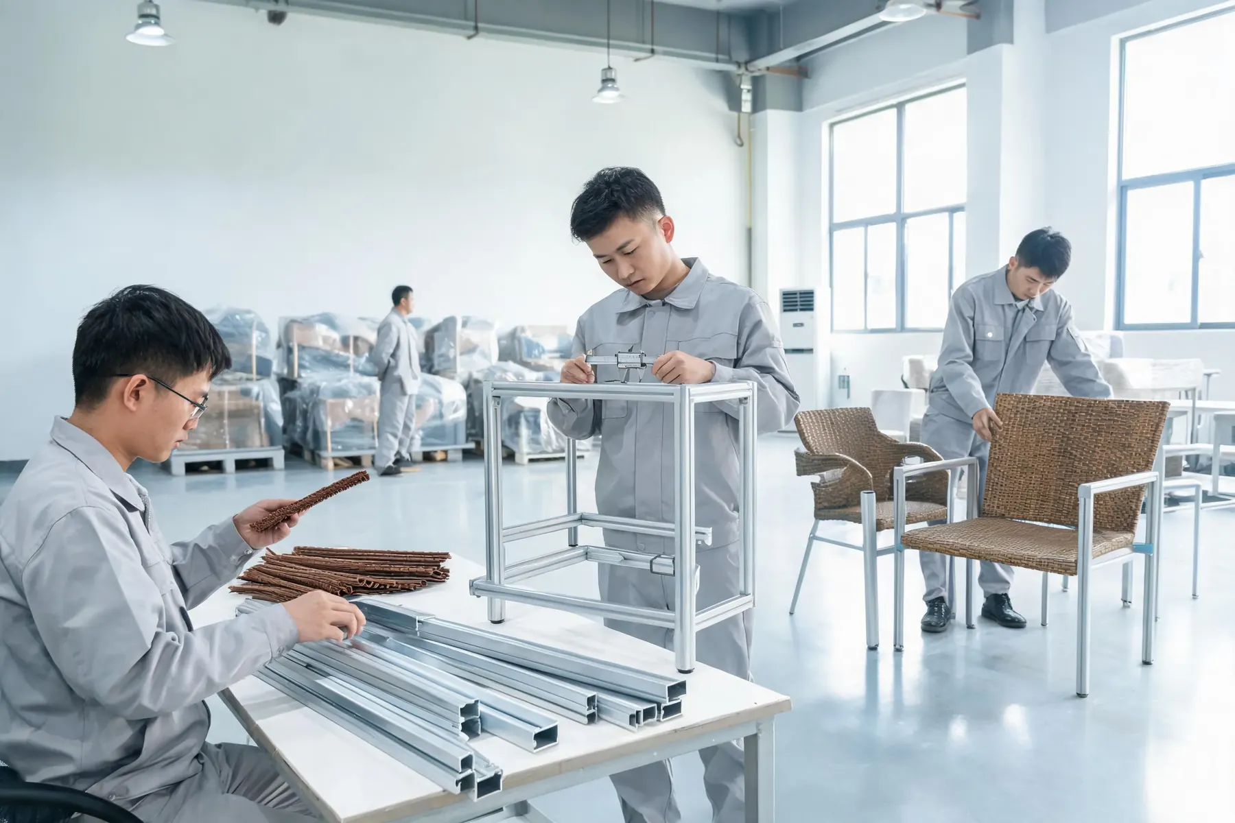 Four-stage QC inspection process for OEM outdoor furniture manufacturing, including IP-protected projects.