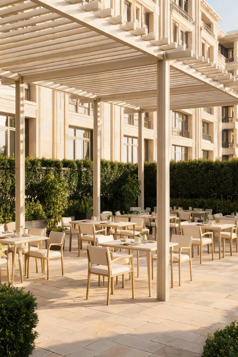 Commercial outdoor restaurant terrace furniture installation featuring a complete dining setup